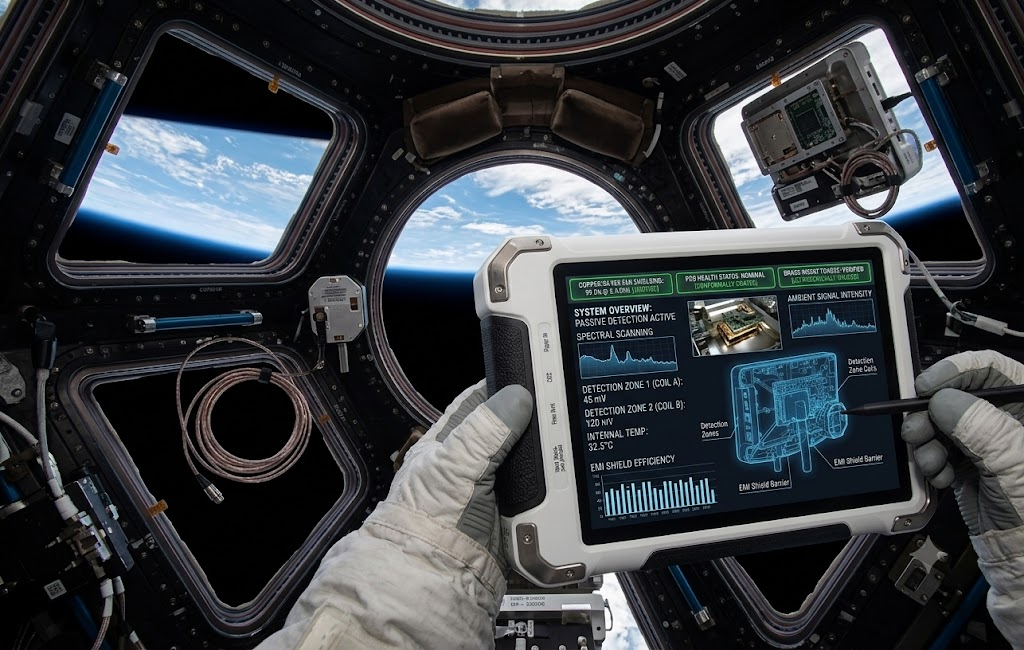 Rugged tablet displaying EMI shield diagnostics inside a spacecraft with Earth visible through the windows, illustrating extreme-environment reliability.