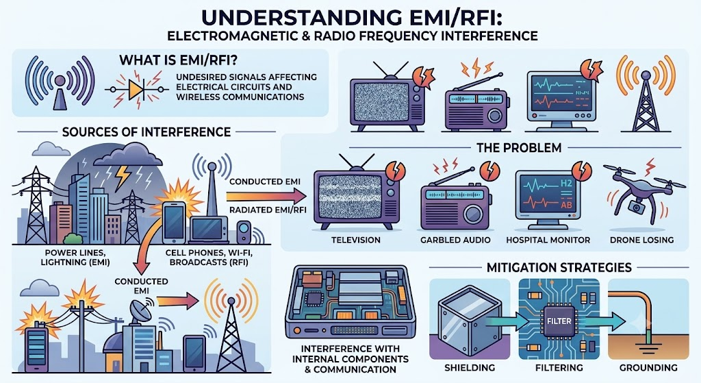 Infographic explaining EMI/RFI: what it is, sources of interference, the problems it causes, and mitigation strategies including shielding, filtering, and grounding.