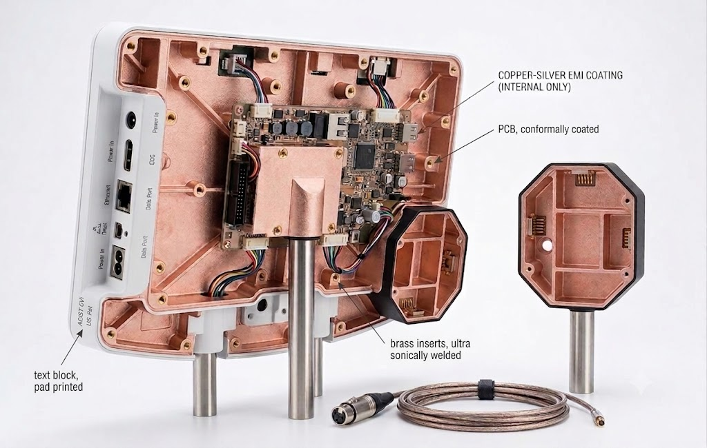 Example of EMI/RFI shielded products including a coated enclosure, conformally coated PCB, sonically welded brass inserts, pad-printed text, and shielded cabling