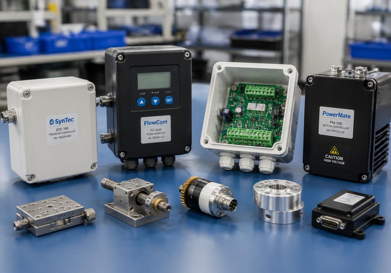 A lineup of finished precision mechanical and electromechanical assemblies, plastic enclosures, and electronic subassemblies.
