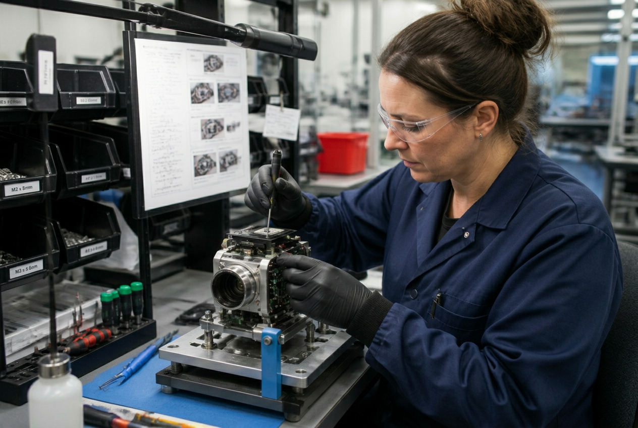 A skilled assembly technician using precision tools and a custom fixture to assemble a complex electromechanical device at a documented workstation.
