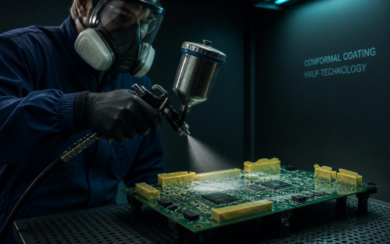 Technician applying spray conformal coating onto a masked printed circuit board with an HVLP spray gun