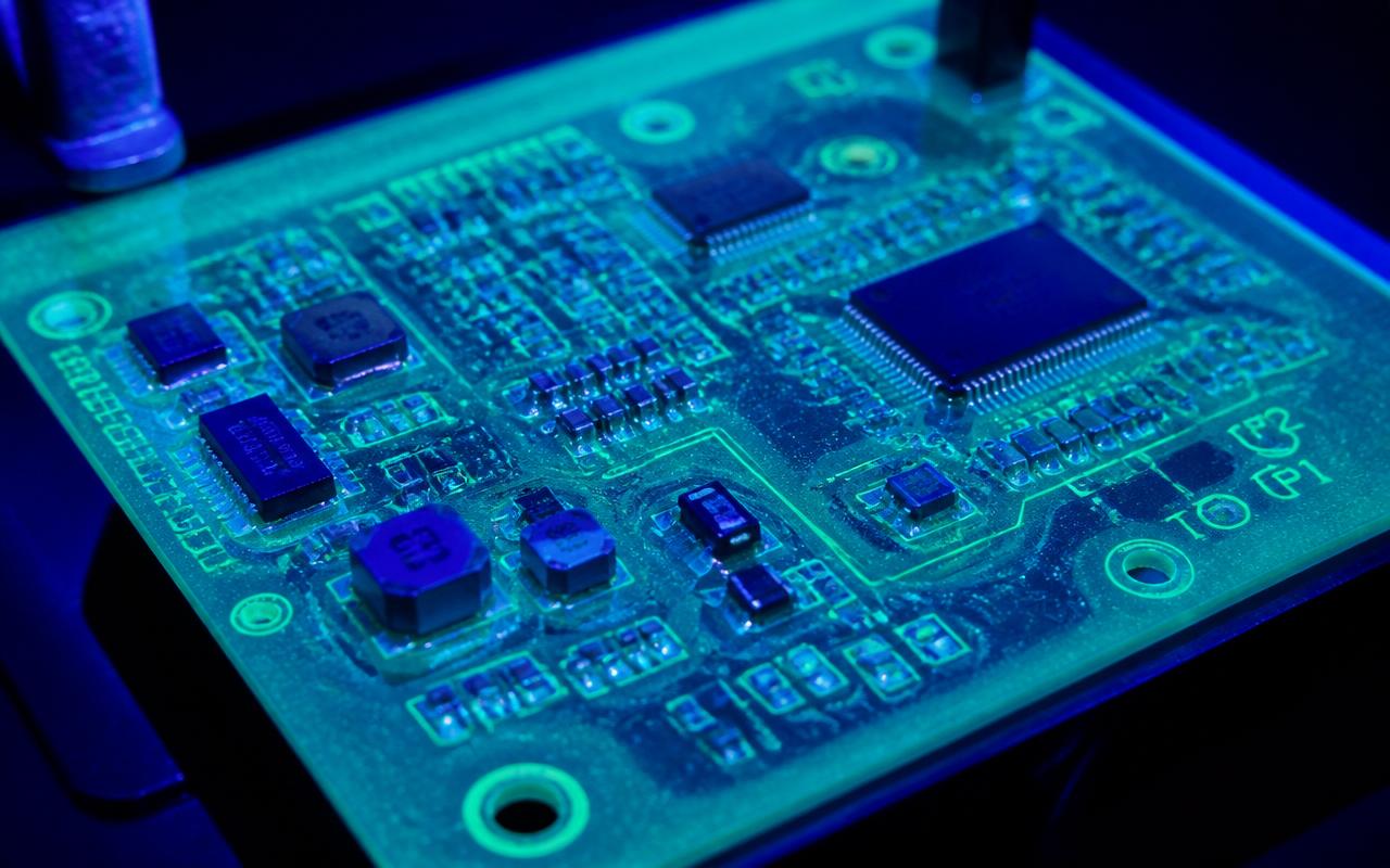 Printed circuit board coated with conformal coating glowing fluorescent blue-green under UV inspection light