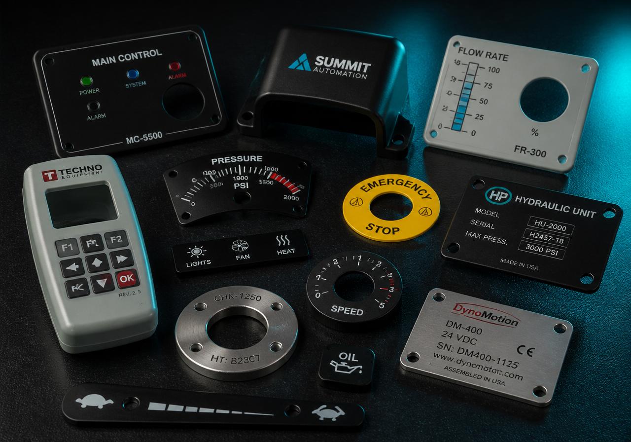 An array of finished plastic and metal components decorated with precise multi-color pad-printed logos, control panel graphics, scales, and serial markings.