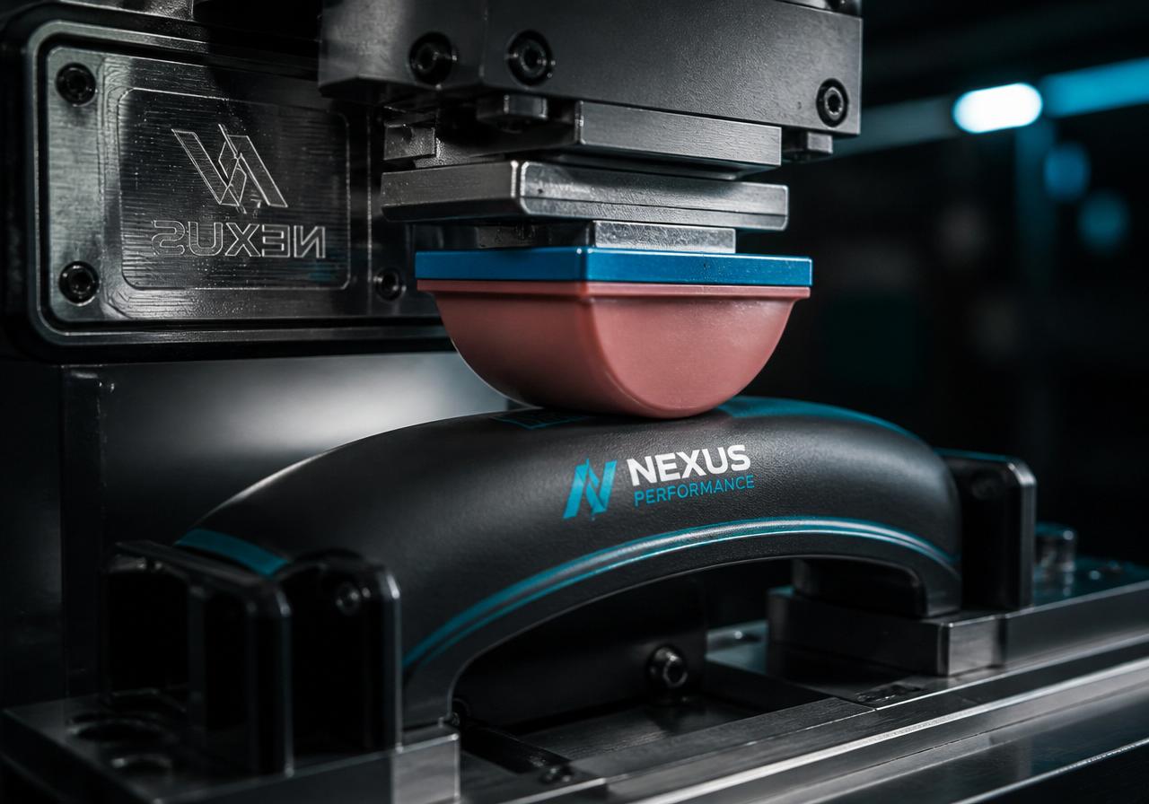 Pad printing machine transferring crisp printed graphics onto a curved molded plastic component using a flexible silicone pad.