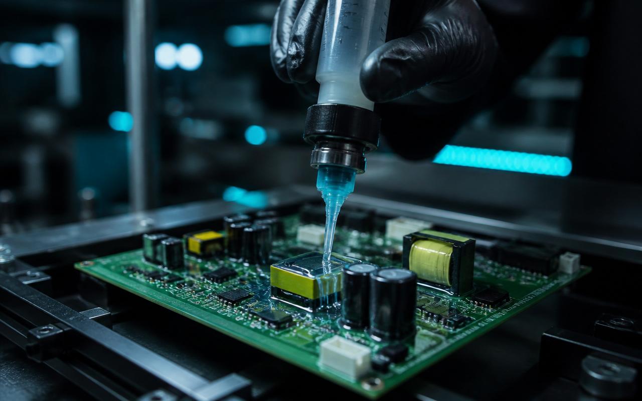 Technician using an operator-controlled precision dispensing system to apply protective compound to a printed circuit board